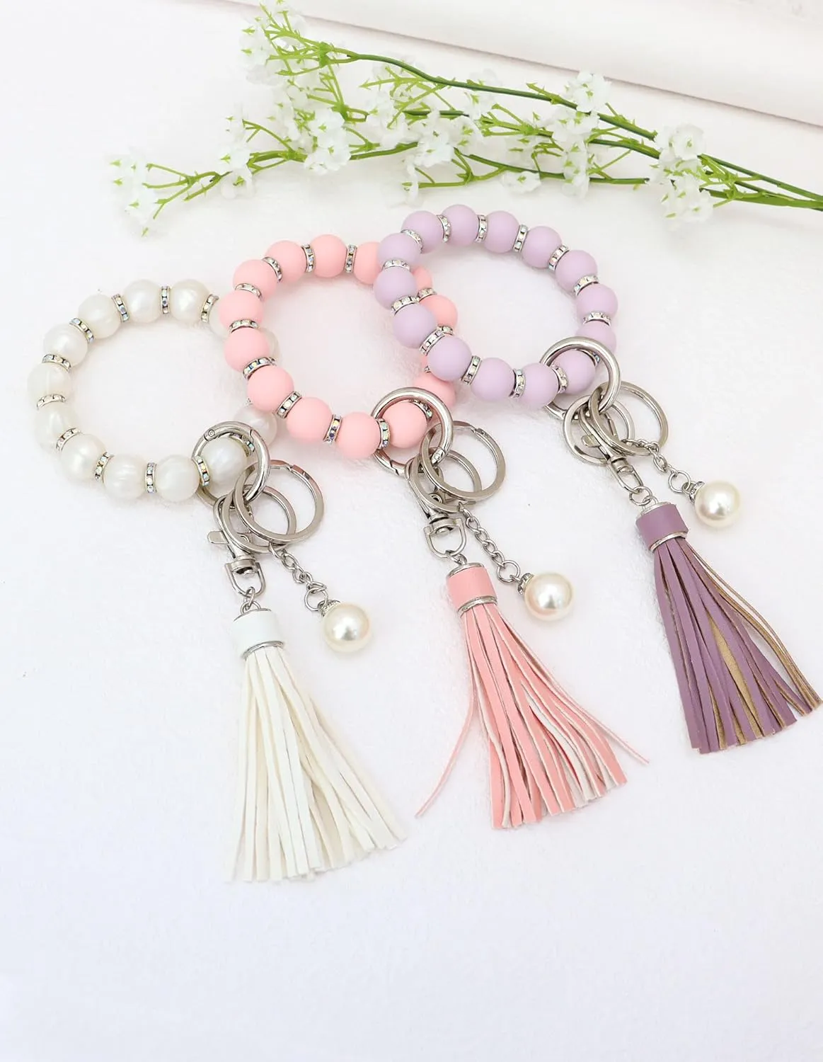 Panny & Mody Silicone Key Ring Bracelet Wristlet Keychain with Silver Bling Zircon & Leather Tassel for Women Gift