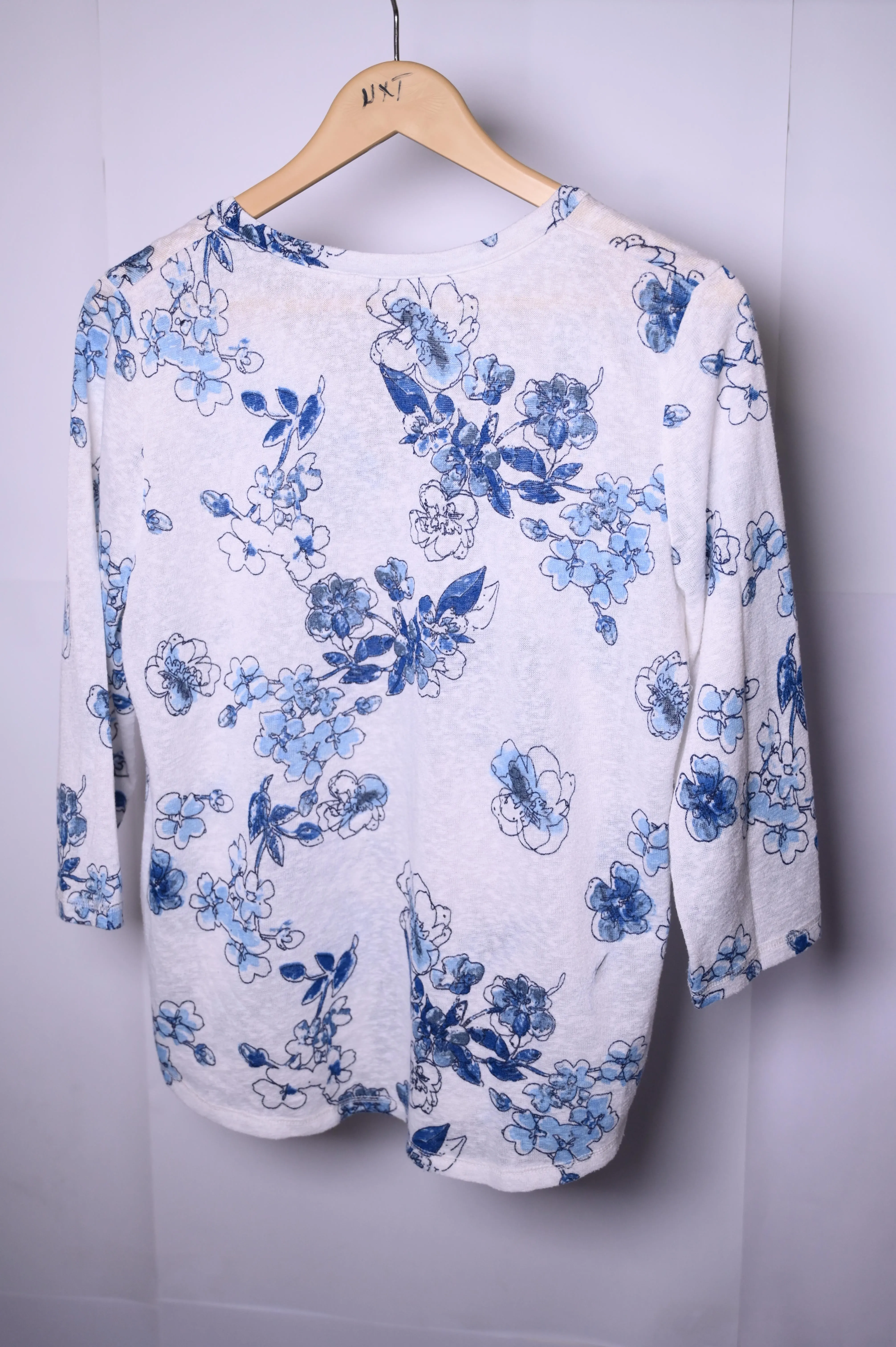 Papaya White Winter Blouse with Blue Flowers (Medium)
