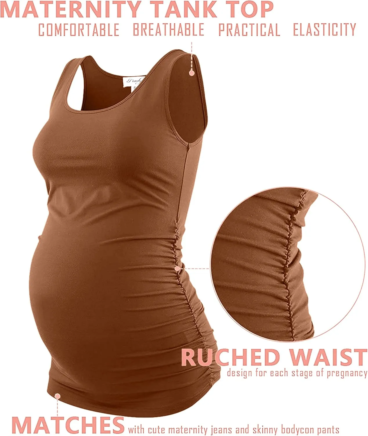Peauty "Long Enough to Cover Hip Maternity Side Ruch Tank Tops/Basic Maternity Tops for Summer Casual Wear (S-3XL)