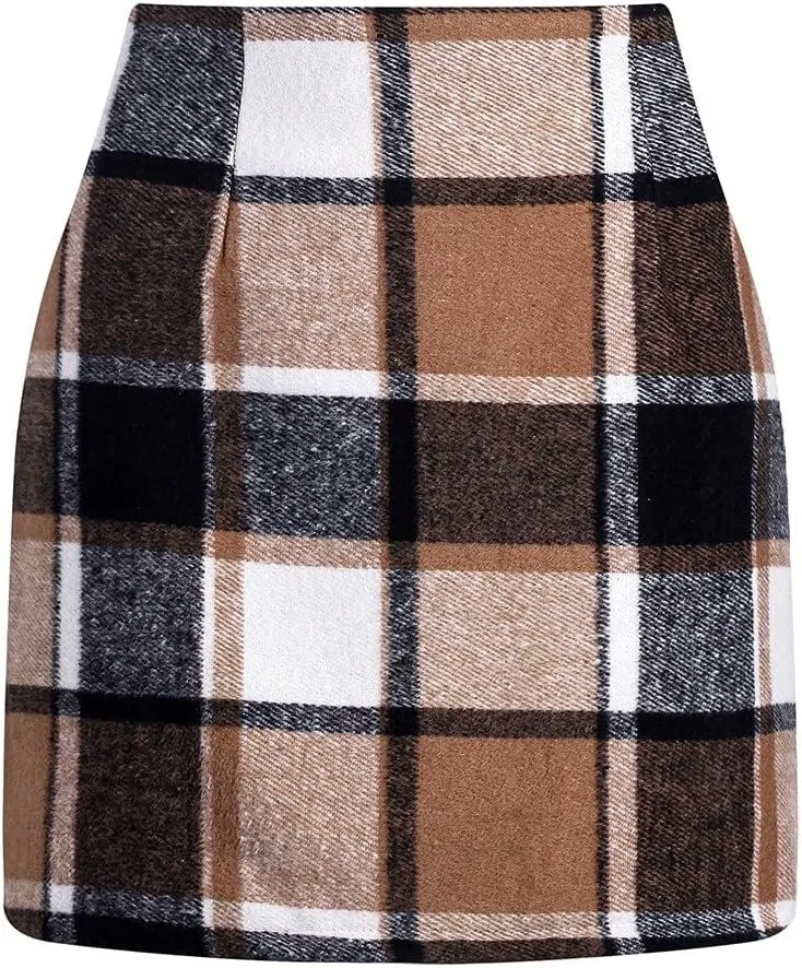 Plaid Skirts for Women Plus Size High Waisted Bodycon Pencil Skirt Casual Vintage Fall Winter Flannel Wool Skirt