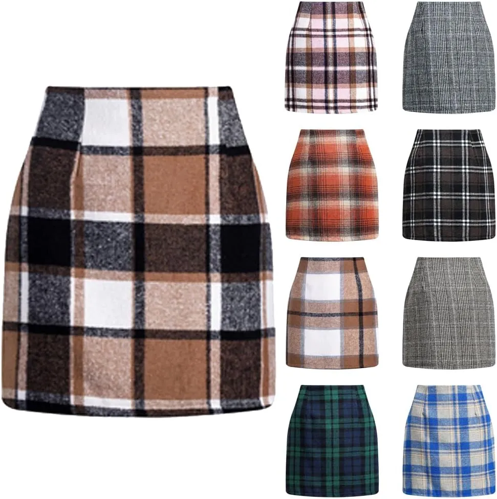 Plaid Skirts for Women Plus Size High Waisted Bodycon Pencil Skirt Casual Vintage Fall Winter Flannel Wool Skirt