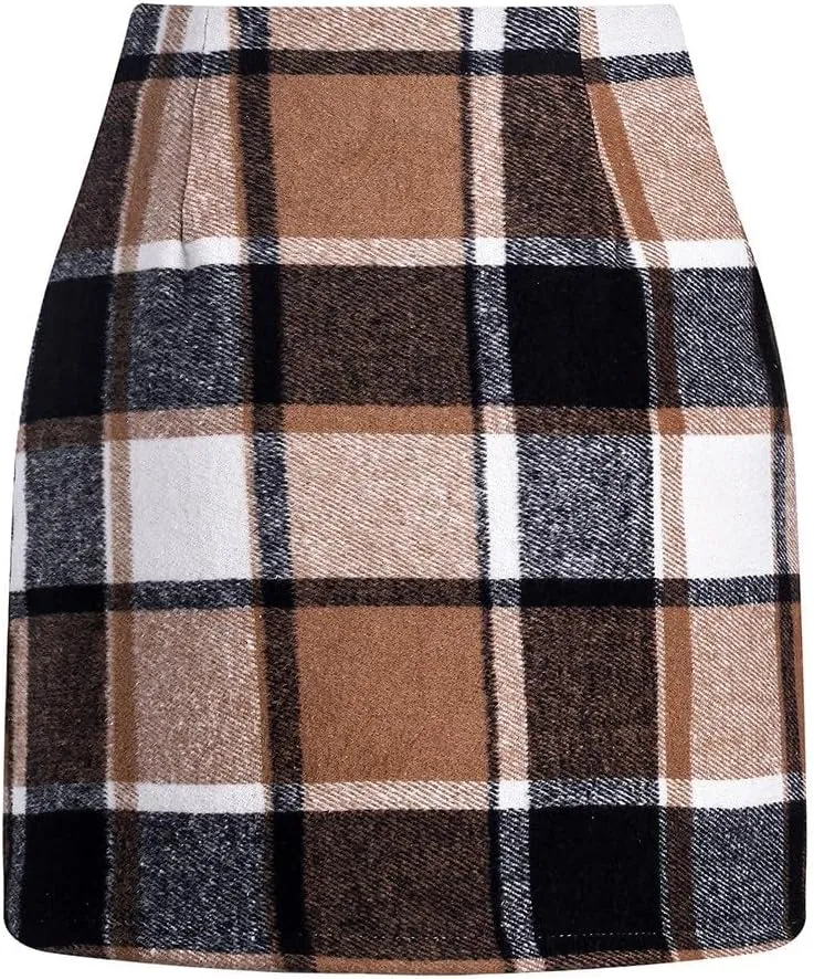 Plaid Skirts for Women Plus Size High Waisted Bodycon Pencil Skirt Casual Vintage Fall Winter Flannel Wool Skirt