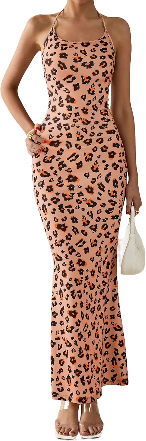 PRETTYGARDEN Maxi Dresses for Women 2025 Summer Halter Leopard Print Sleeveless Sexy Bodycon Cruise Cocktail Long Dress
