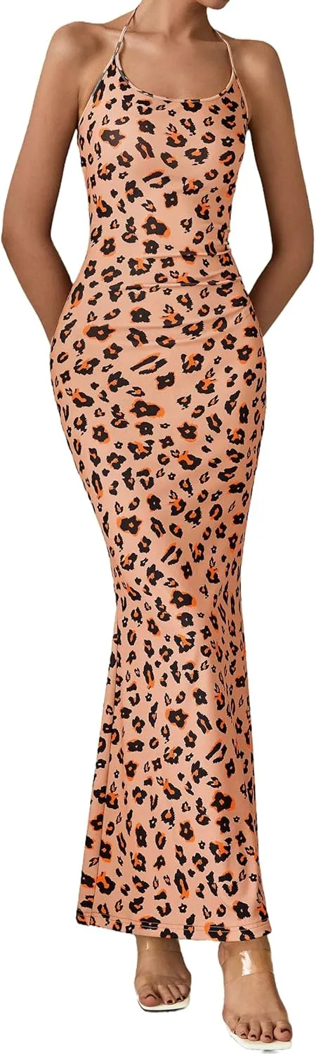 PRETTYGARDEN Maxi Dresses for Women 2025 Summer Halter Leopard Print Sleeveless Sexy Bodycon Cruise Cocktail Long Dress