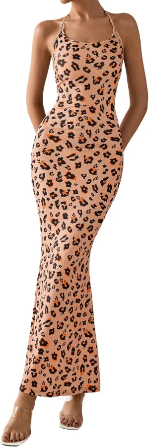 PRETTYGARDEN Maxi Dresses for Women 2025 Summer Halter Leopard Print Sleeveless Sexy Bodycon Cruise Cocktail Long Dress