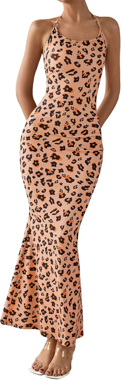 PRETTYGARDEN Maxi Dresses for Women 2025 Summer Halter Leopard Print Sleeveless Sexy Bodycon Cruise Cocktail Long Dress