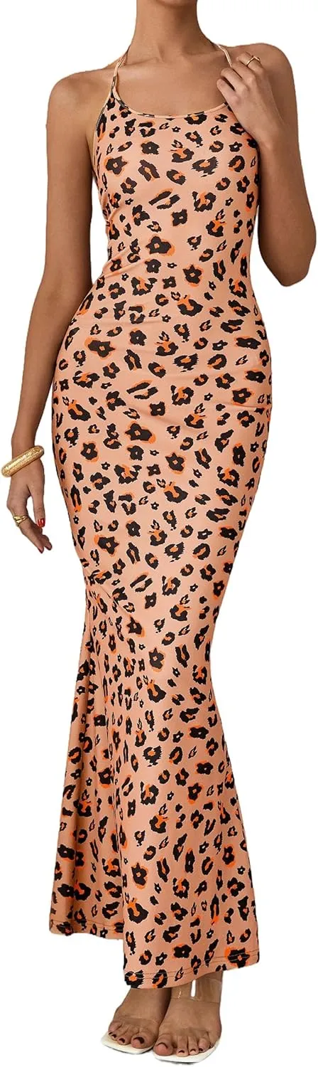 PRETTYGARDEN Maxi Dresses for Women 2025 Summer Halter Leopard Print Sleeveless Sexy Bodycon Cruise Cocktail Long Dress