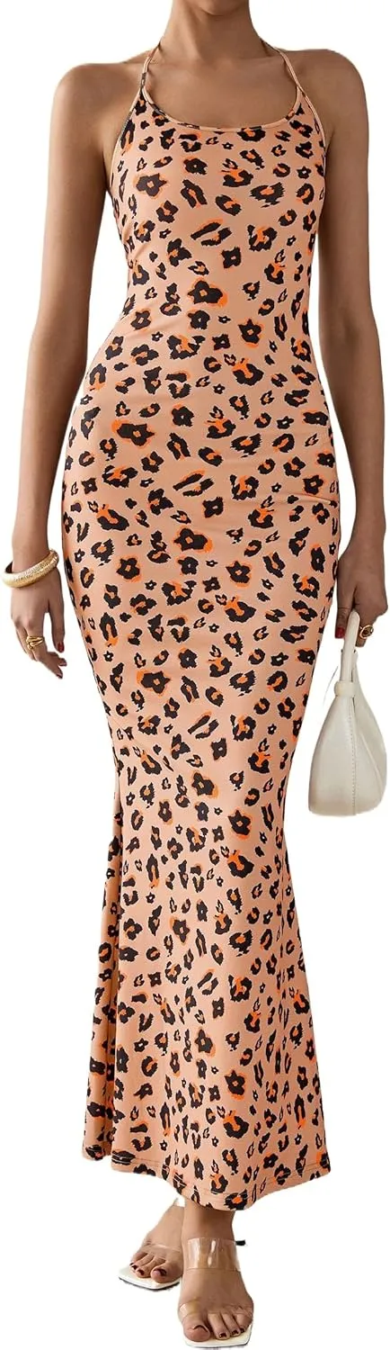 PRETTYGARDEN Maxi Dresses for Women 2025 Summer Halter Leopard Print Sleeveless Sexy Bodycon Cruise Cocktail Long Dress