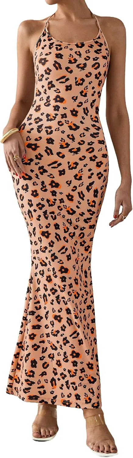 PRETTYGARDEN Maxi Dresses for Women 2025 Summer Halter Leopard Print Sleeveless Sexy Bodycon Cruise Cocktail Long Dress