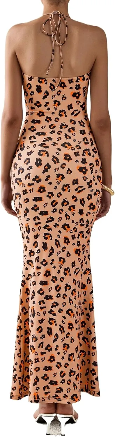 PRETTYGARDEN Maxi Dresses for Women 2025 Summer Halter Leopard Print Sleeveless Sexy Bodycon Cruise Cocktail Long Dress