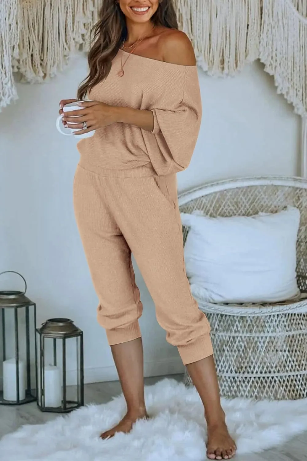 PRETTYGARDEN Women's 2 Piece Ribbed Tracksuit Outfits Off Shoulder Long Sleeve Pullover Lounge Pants with Pockets