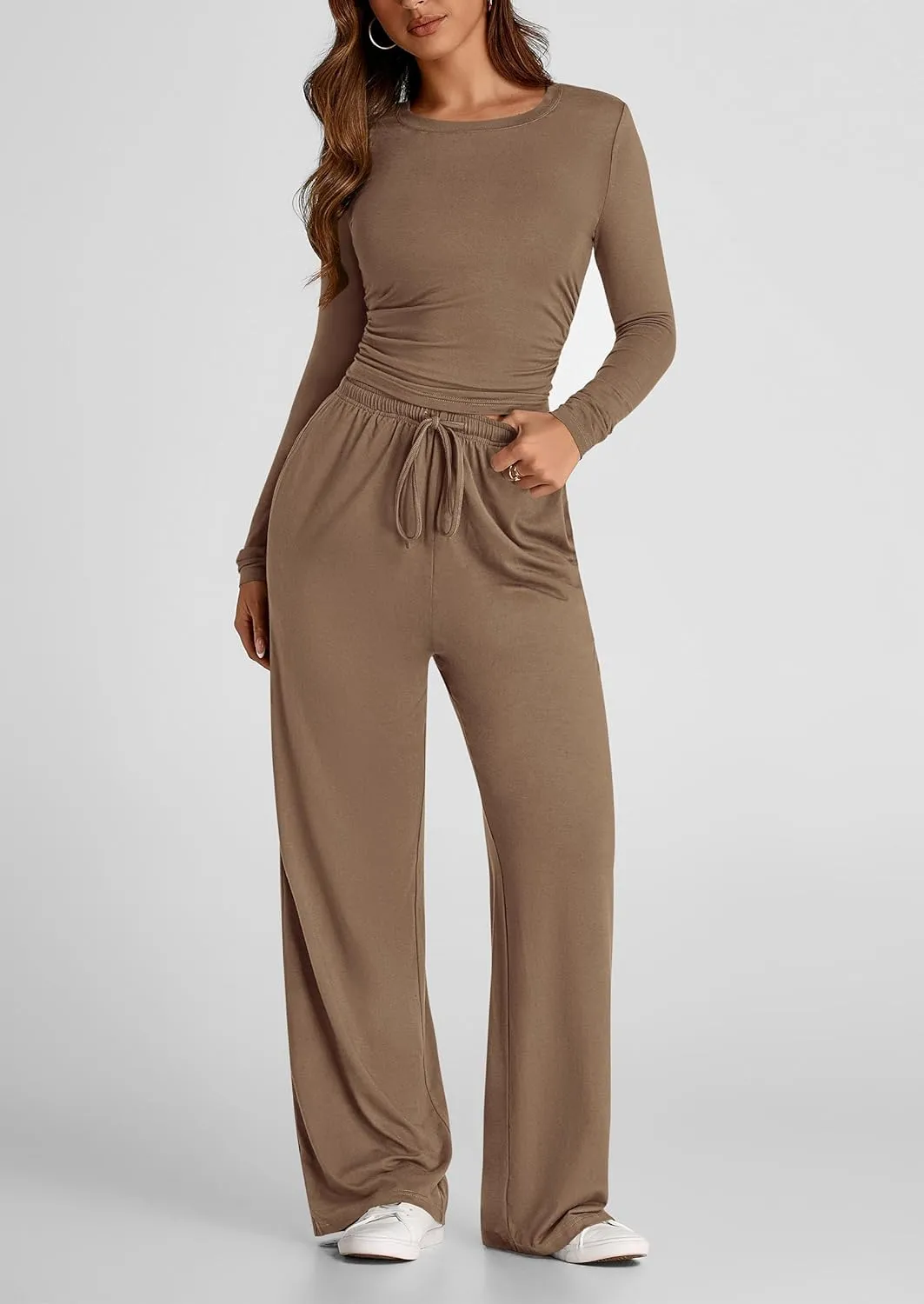 PRETTYGARDEN Women's Spring Fall Two Piece Outfits Tracksuits Long Sleeve Crop Tee Shirts Wide Leg Pants Matching Lounge Sets