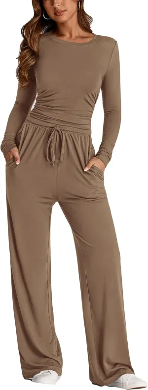 PRETTYGARDEN Women's Spring Fall Two Piece Outfits Tracksuits Long Sleeve Crop Tee Shirts Wide Leg Pants Matching Lounge Sets