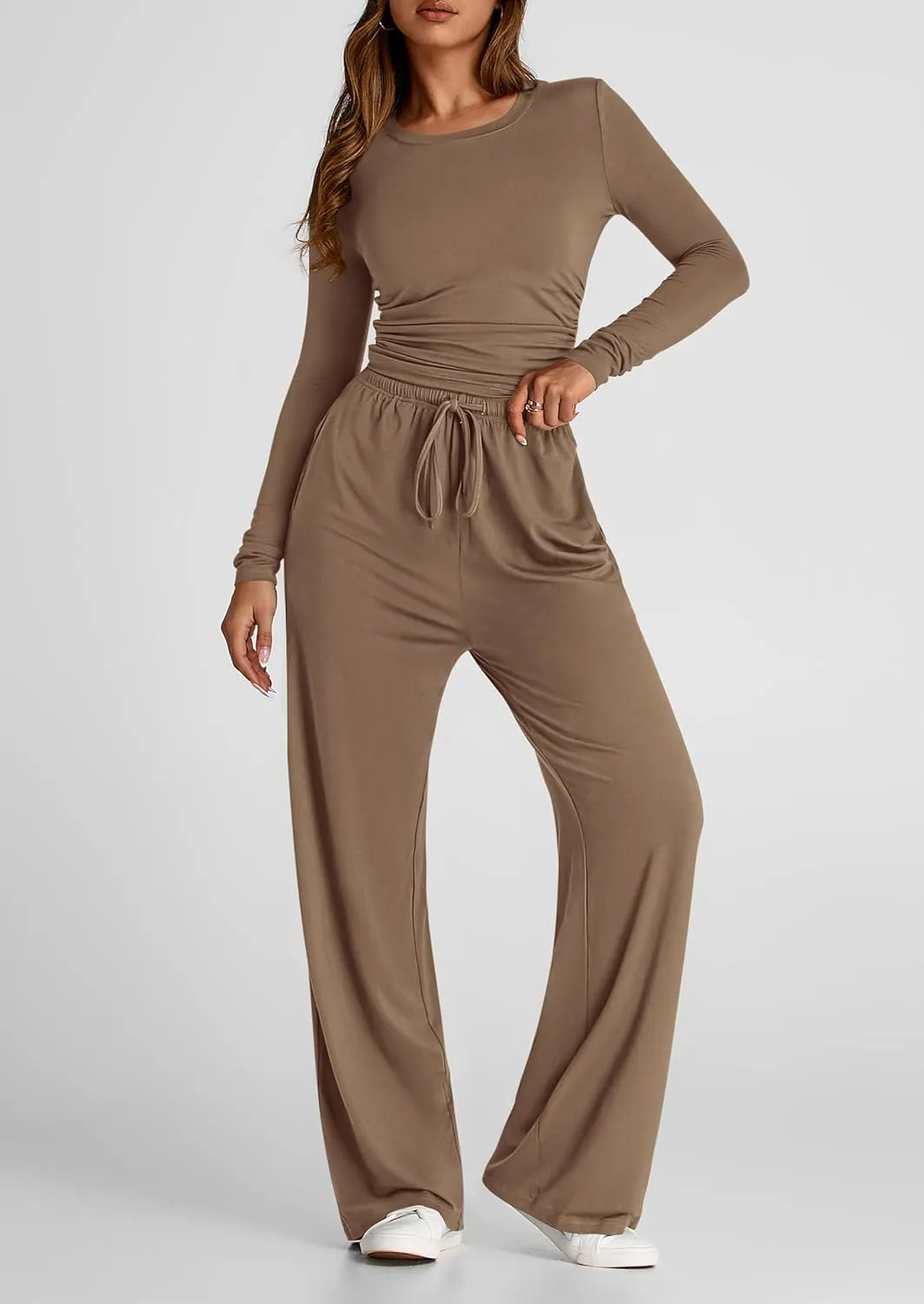 PRETTYGARDEN Women's Spring Fall Two Piece Outfits Tracksuits Long Sleeve Crop Tee Shirts Wide Leg Pants Matching Lounge Sets