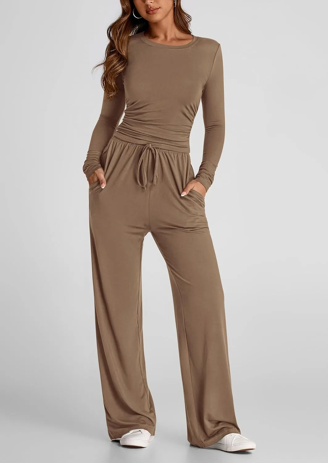 PRETTYGARDEN Women's Spring Fall Two Piece Outfits Tracksuits Long Sleeve Crop Tee Shirts Wide Leg Pants Matching Lounge Sets