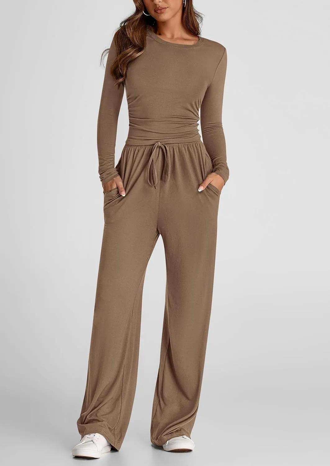 PRETTYGARDEN Women's Spring Fall Two Piece Outfits Tracksuits Long Sleeve Crop Tee Shirts Wide Leg Pants Matching Lounge Sets