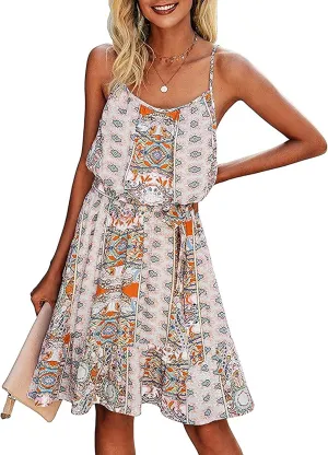 PRETTYGARDEN Women's Summer Mini Sundress Casual Spaghetti Strap Dresses Floral Sleeveless Ruffle Short Dress with Belt