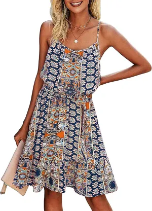 PRETTYGARDEN Women's Summer Mini Sundress Casual Spaghetti Strap Dresses Floral Sleeveless Ruffle Short Dress with Belt