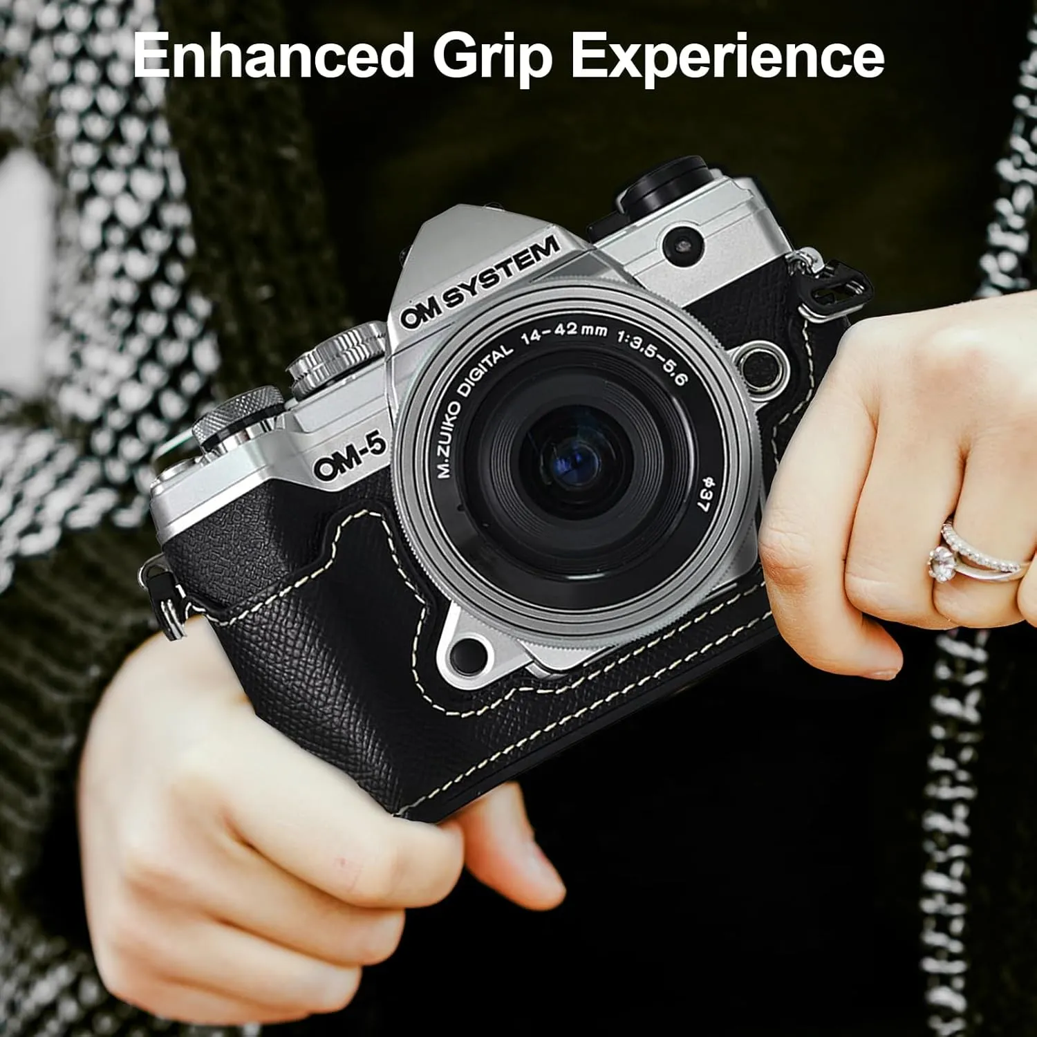 Protective Camera Case Kit for Olympus OM-5/OM-D E-M5 III Camera,OM System OM-5 Camera Cover E-M5 III Half Case With 16-50MM Front Lens Cap With Adjustable Shoulder Strap-BLACK