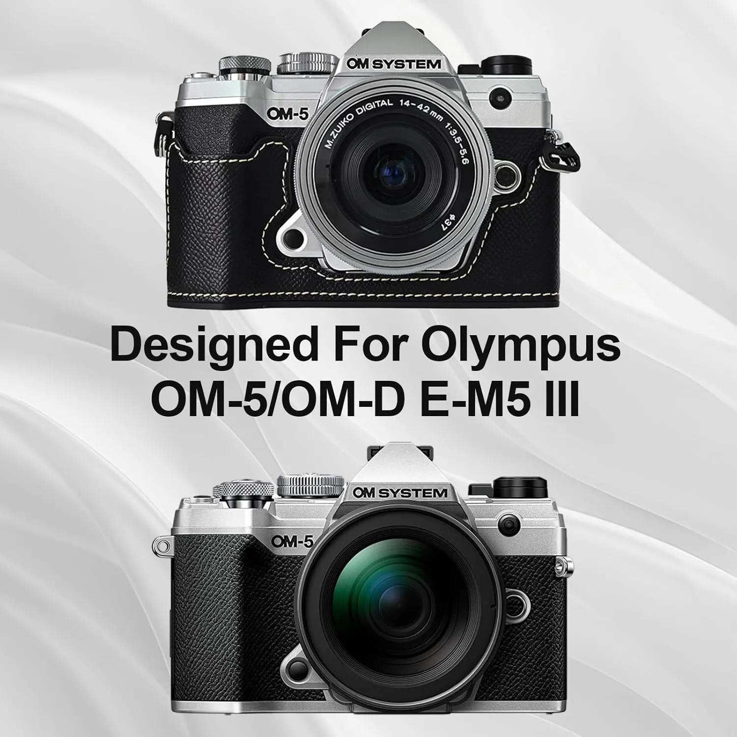 Protective Camera Case Kit for Olympus OM-5/OM-D E-M5 III Camera,OM System OM-5 Camera Cover E-M5 III Half Case With 16-50MM Front Lens Cap With Adjustable Shoulder Strap-BLACK