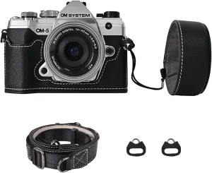 Protective Camera Case Kit for Olympus OM-5/OM-D E-M5 III Camera,OM System OM-5 Camera Cover E-M5 III Half Case With 16-50MM Front Lens Cap With Adjustable Shoulder Strap-BLACK