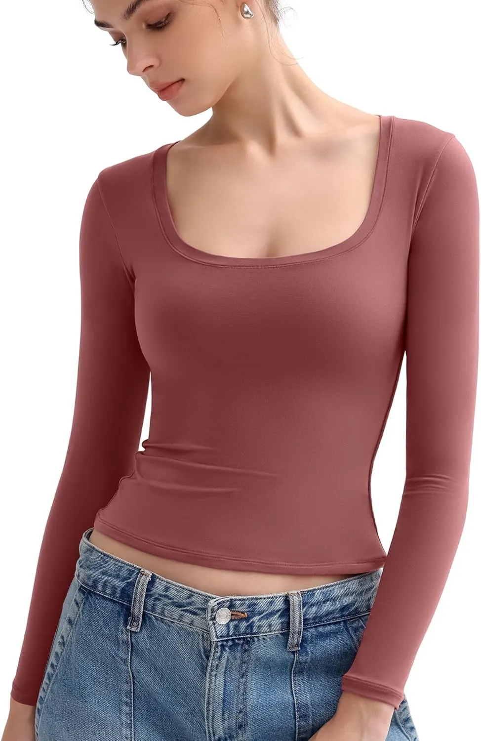 PUMIEY Women's Long Sleeve T Shirts Scoop Neck Slim Fit Going Out Tops Double Lined Basic Tee Smoke Cloud Collection