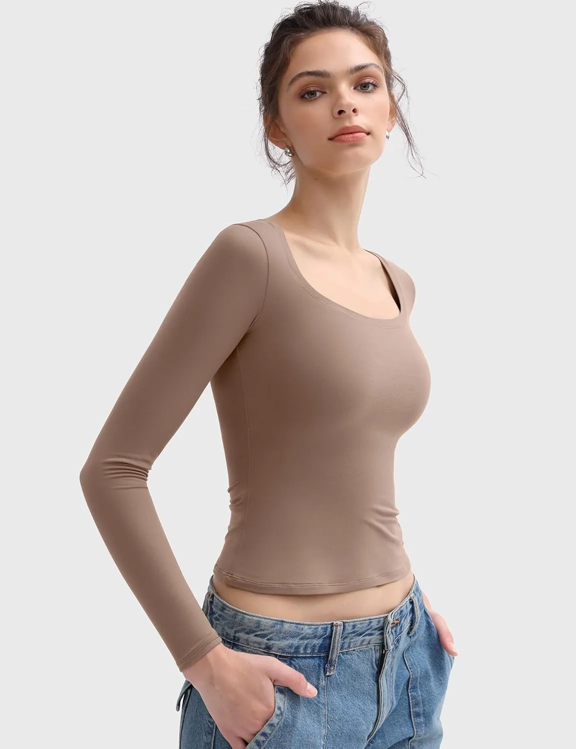 PUMIEY Women's Long Sleeve T Shirts Scoop Neck Slim Fit Going Out Tops Double Lined Basic Tee Smoke Cloud Collection