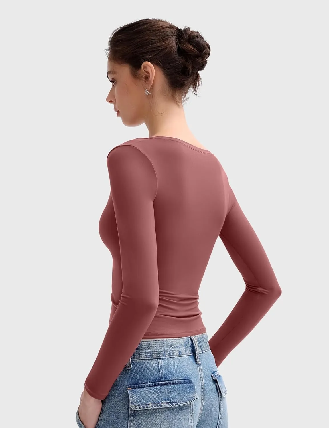 PUMIEY Women's Long Sleeve T Shirts Scoop Neck Slim Fit Going Out Tops Double Lined Basic Tee Smoke Cloud Collection
