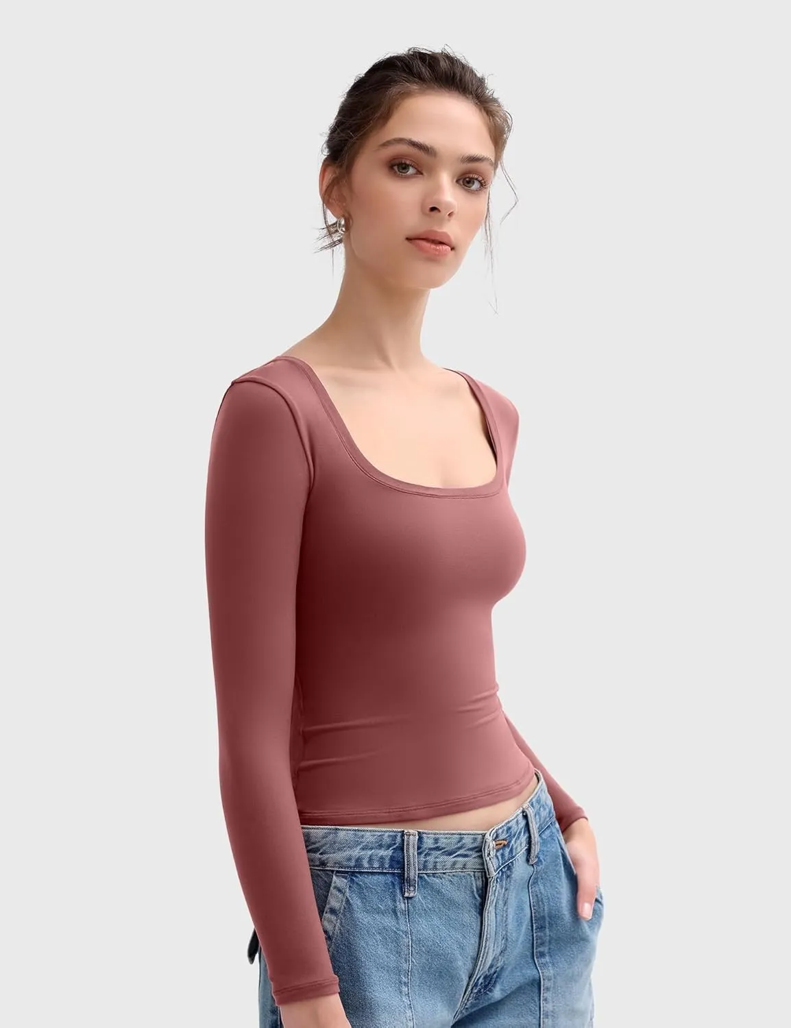 PUMIEY Women's Long Sleeve T Shirts Scoop Neck Slim Fit Going Out Tops Double Lined Basic Tee Smoke Cloud Collection