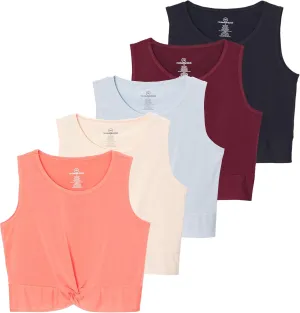Real Essentials 5 Pack: Women's Dry-Fit Twist Front Knot Sleeveless Crop Tank Top - Dance Workout Athletic Yoga Cropped Top
