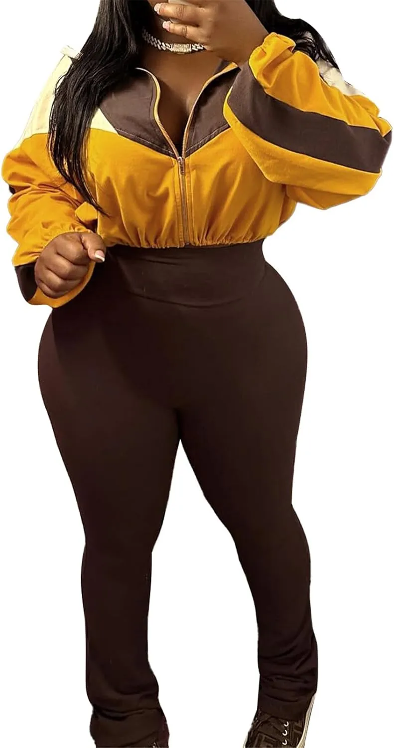 Recious Womens Sexy 2 Pieces Colorblock Zipper Jackets Crop Tops Shirts Bodycon Pants Party Clubwear Tracksuit Outfits Set