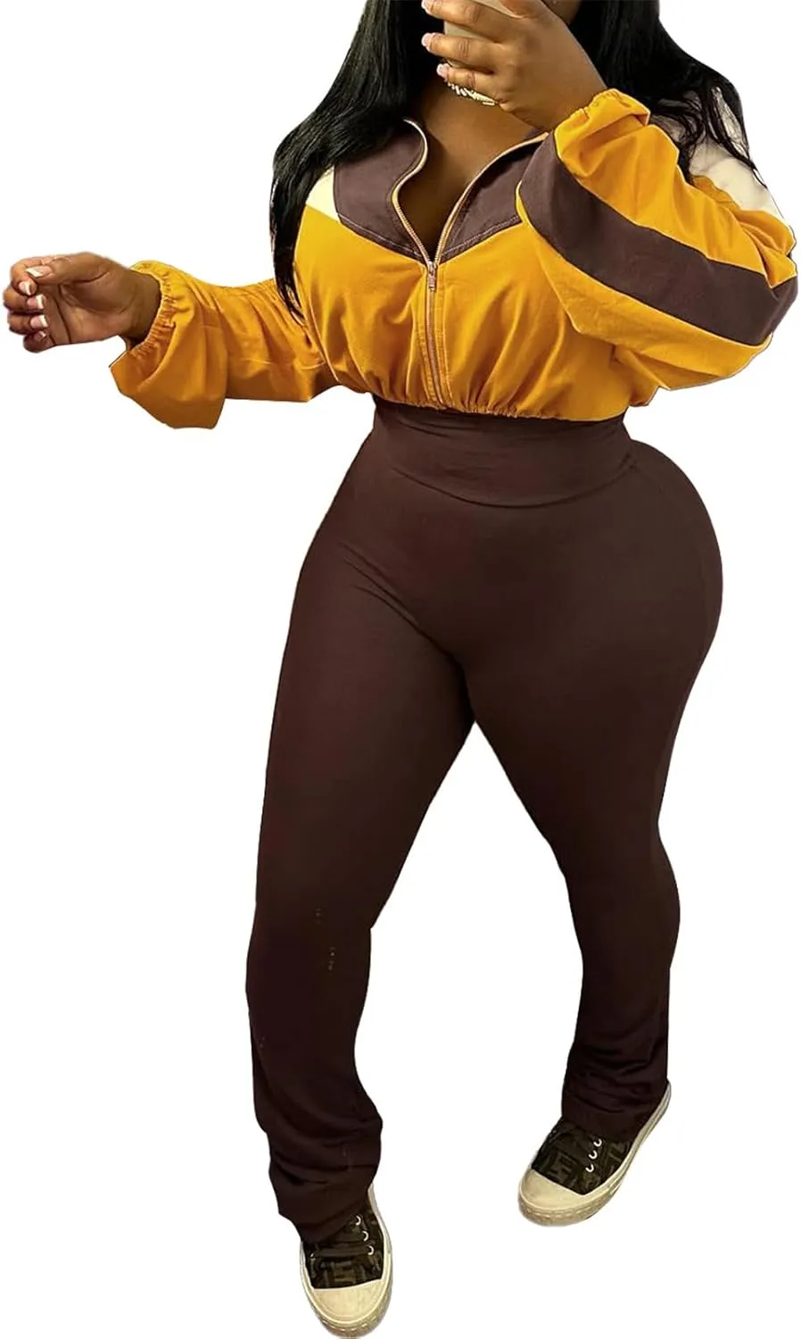 Recious Womens Sexy 2 Pieces Colorblock Zipper Jackets Crop Tops Shirts Bodycon Pants Party Clubwear Tracksuit Outfits Set