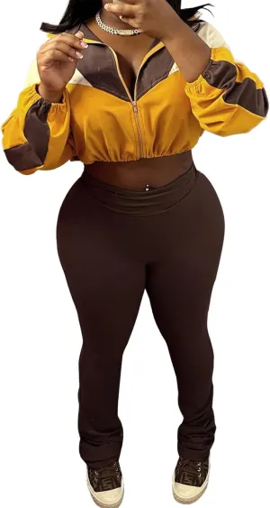 Recious Womens Sexy 2 Pieces Colorblock Zipper Jackets Crop Tops Shirts Bodycon Pants Party Clubwear Tracksuit Outfits Set