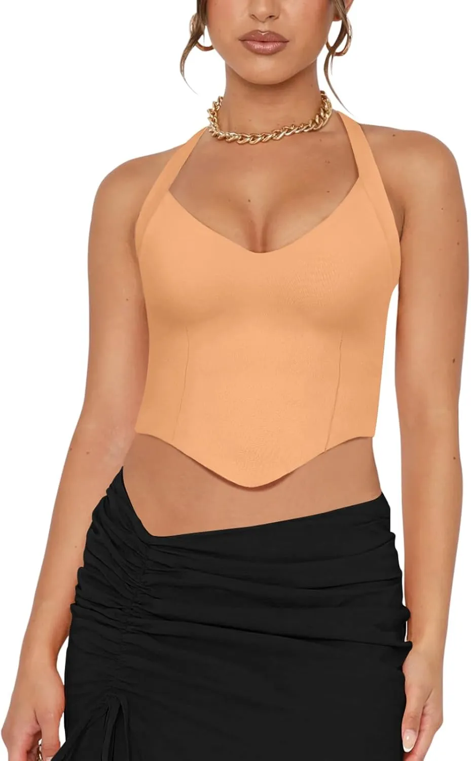 REORIA Butsmooth Double Lined Sexy Halter Tops Camisole V Neck Sleeveless Corset Y2K Going Out Crop Tank Tops for Women
