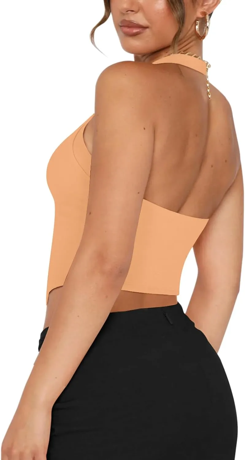 REORIA Butsmooth Double Lined Sexy Halter Tops Camisole V Neck Sleeveless Corset Y2K Going Out Crop Tank Tops for Women