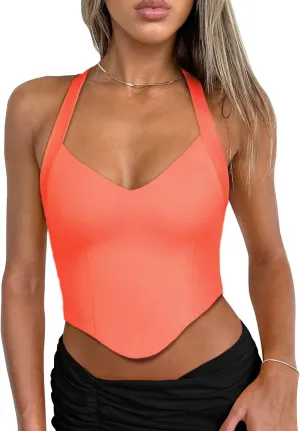 REORIA Butsmooth Double Lined Sexy Halter Tops Camisole V Neck Sleeveless Corset Y2K Going Out Crop Tank Tops for Women