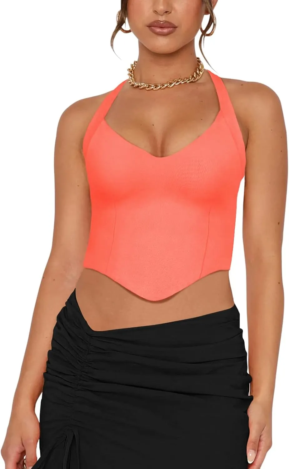 REORIA Butsmooth Double Lined Sexy Halter Tops Camisole V Neck Sleeveless Corset Y2K Going Out Crop Tank Tops for Women