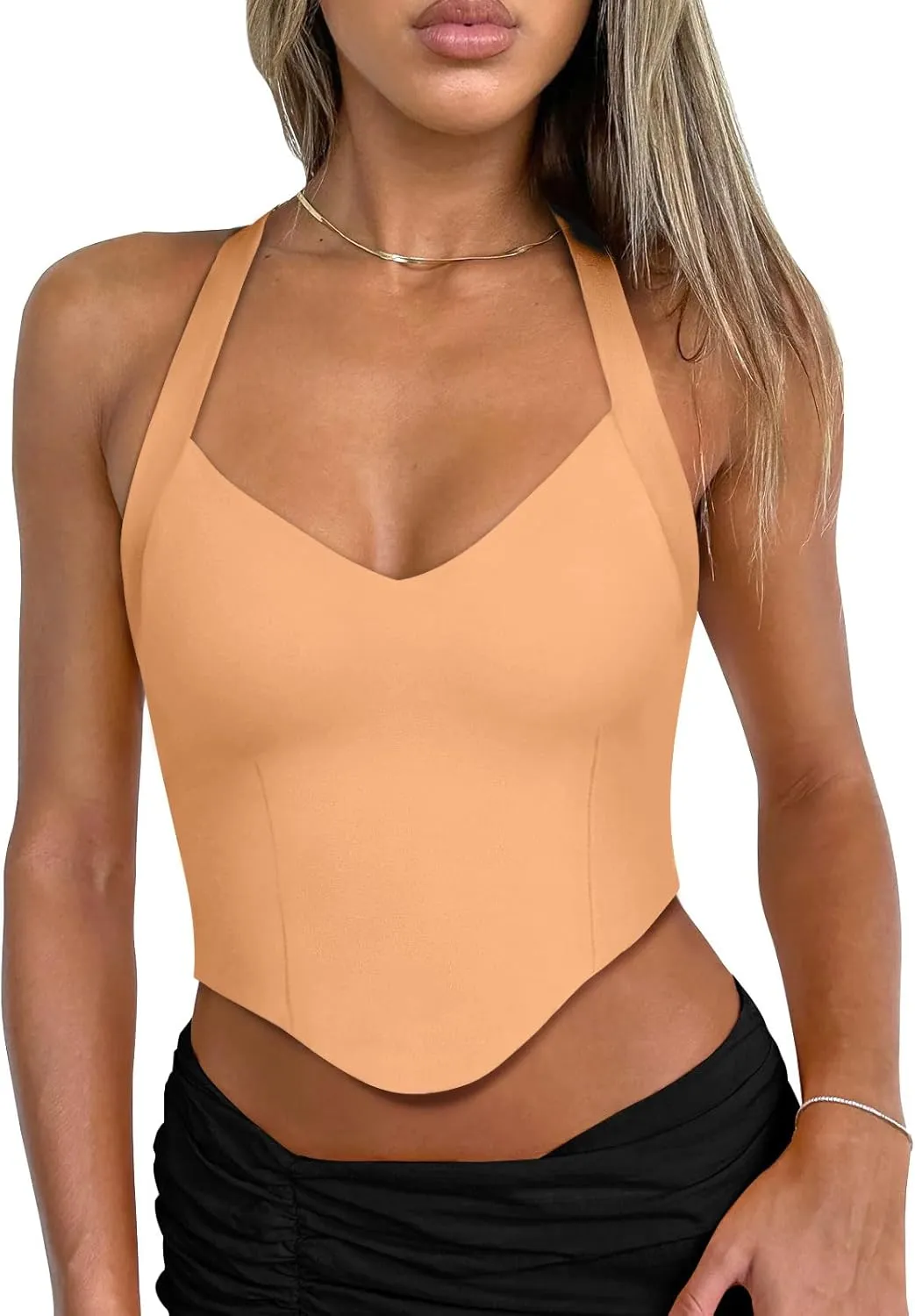 REORIA Butsmooth Double Lined Sexy Halter Tops Camisole V Neck Sleeveless Corset Y2K Going Out Crop Tank Tops for Women