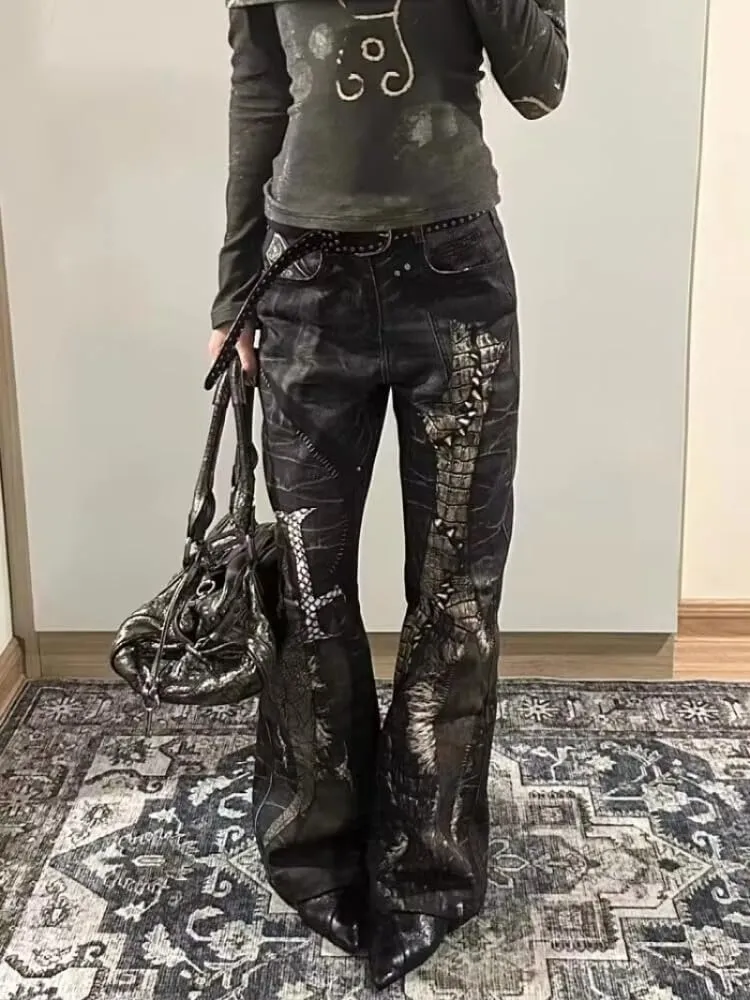 Retro Python Print Straight Jeans Women Y2K Fashion Street Hot Girls Loose Harajuku Casual High Waisted Wide Leg Jeans