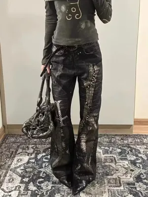 Retro Python Print Straight Jeans Women Y2K Fashion Street Hot Girls Loose Harajuku Casual High Waisted Wide Leg Jeans
