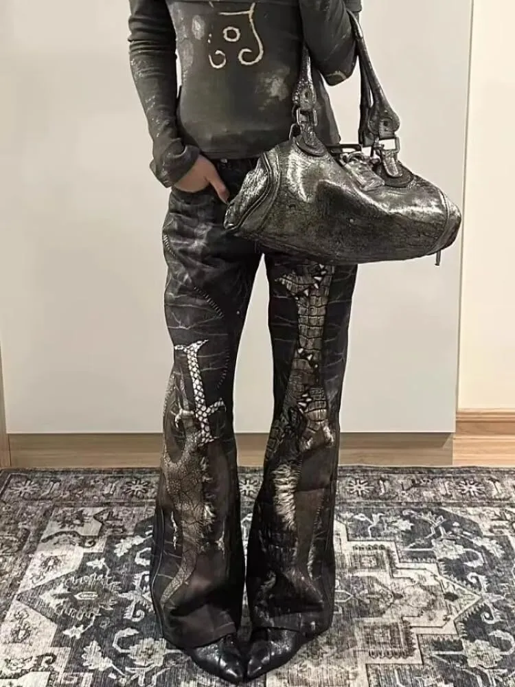 Retro Python Print Straight Jeans Women Y2K Fashion Street Hot Girls Loose Harajuku Casual High Waisted Wide Leg Jeans