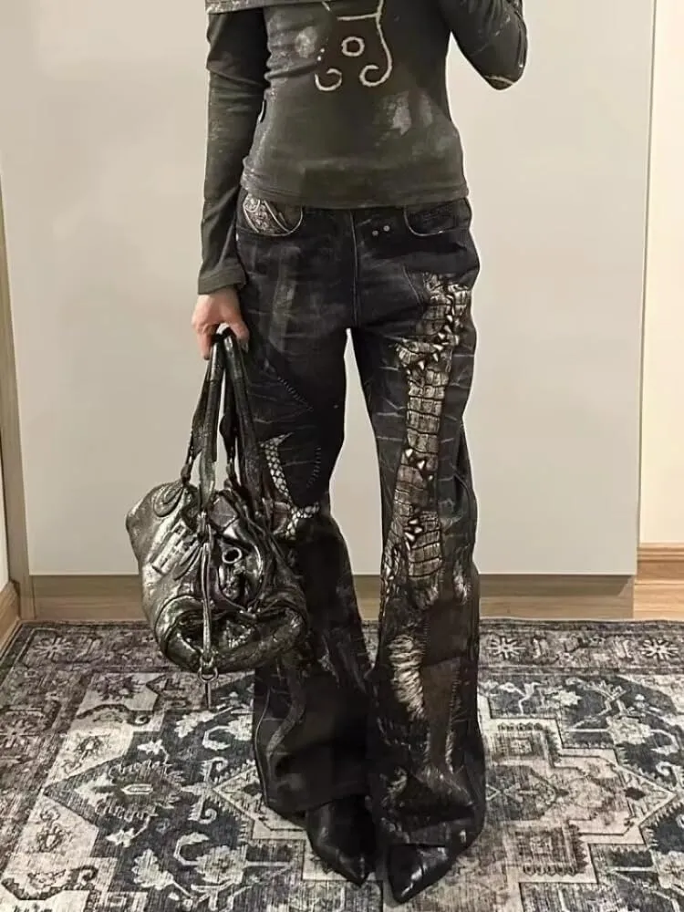 Retro Python Print Straight Jeans Women Y2K Fashion Street Hot Girls Loose Harajuku Casual High Waisted Wide Leg Jeans