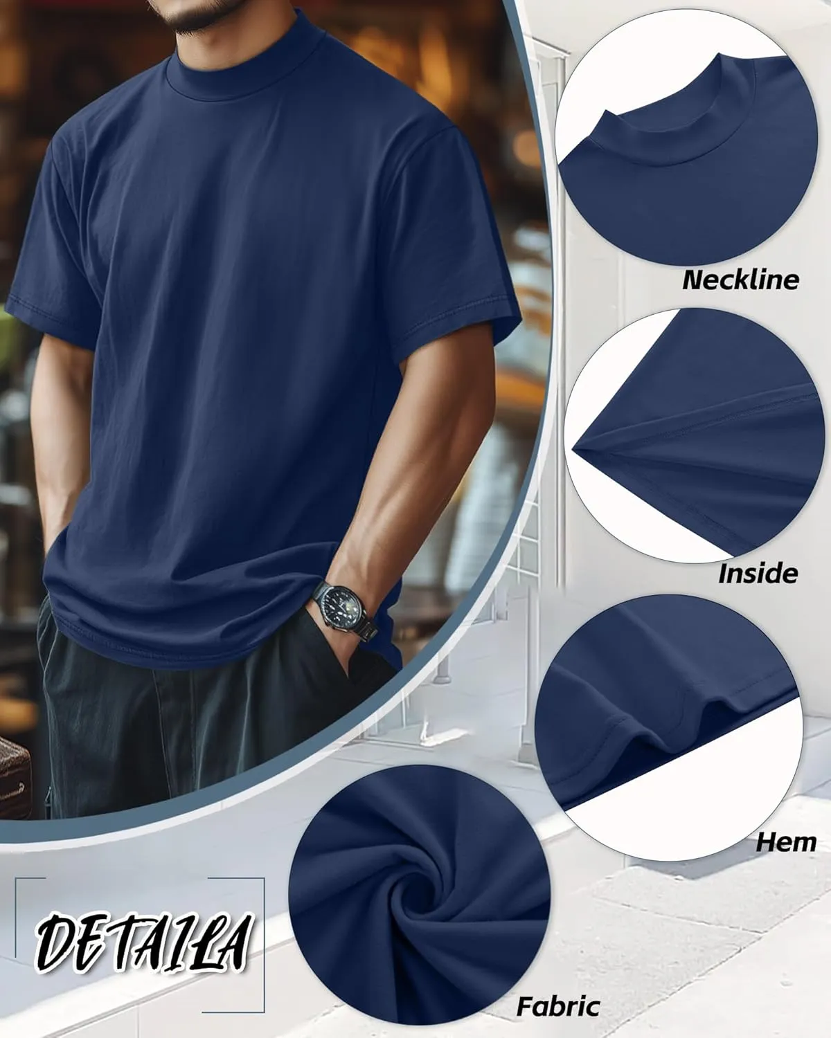Riyiper 3 Pack Big and Tall Men's Mock Turtleneck Shirt Short Sleeve Cotton Basic Tops Slim Fit Casual Undershirt Tops