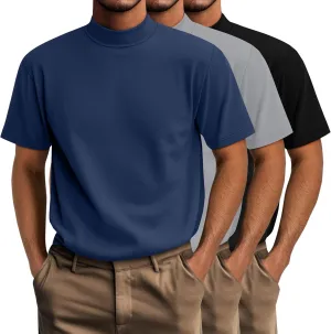 Riyiper 3 Pack Big and Tall Men's Mock Turtleneck Shirt Short Sleeve Cotton Basic Tops Slim Fit Casual Undershirt Tops