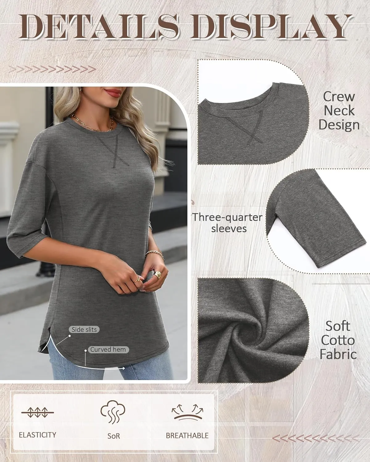 Riyiper 3 Pack Women's 3/4 Sleeve Tunic Tops Cotton Round Neck Loose Elbow Shirts Summer Curved Hem Side Split Blouse