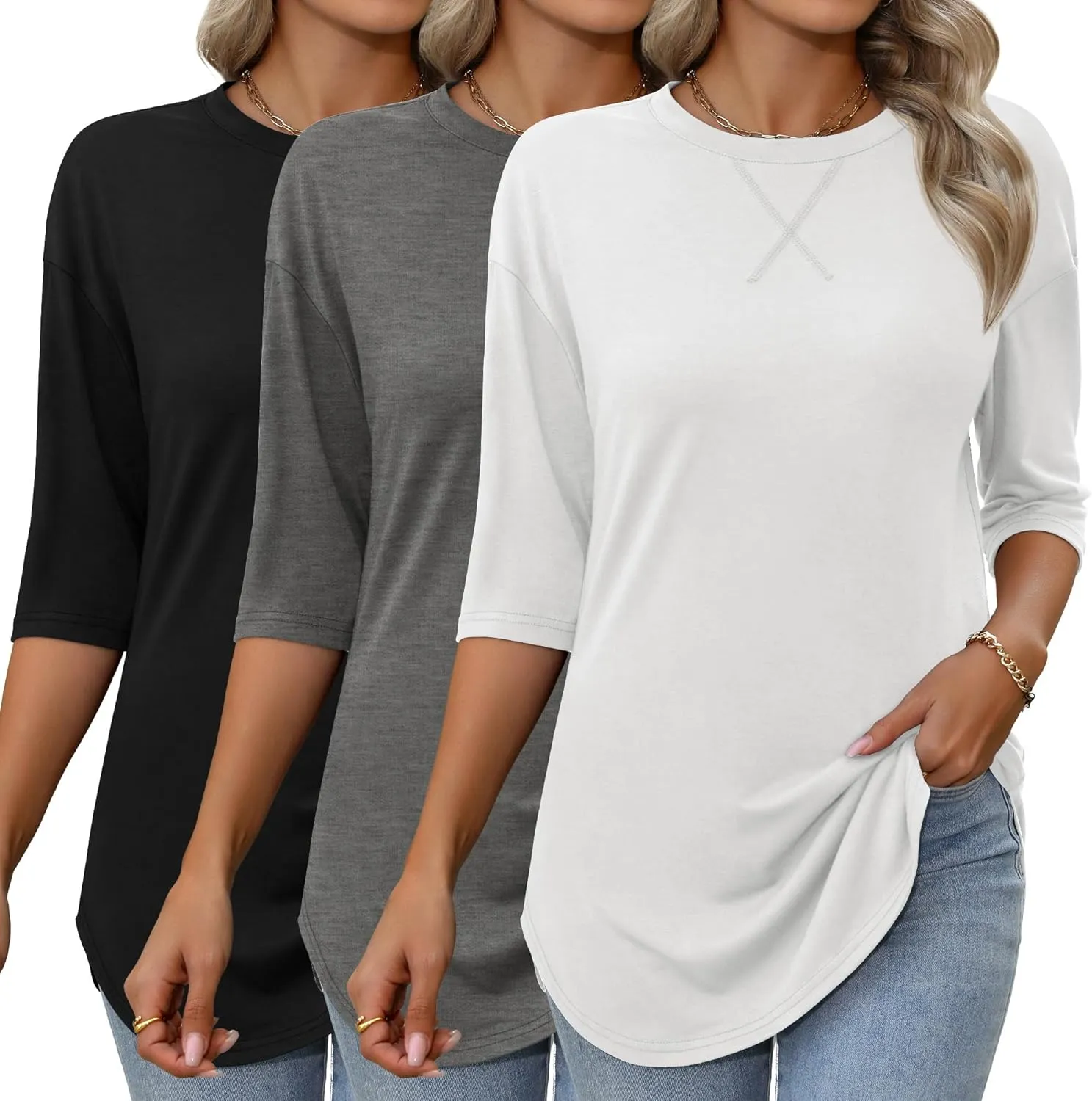 Riyiper 3 Pack Women's 3/4 Sleeve Tunic Tops Cotton Round Neck Loose Elbow Shirts Summer Curved Hem Side Split Blouse