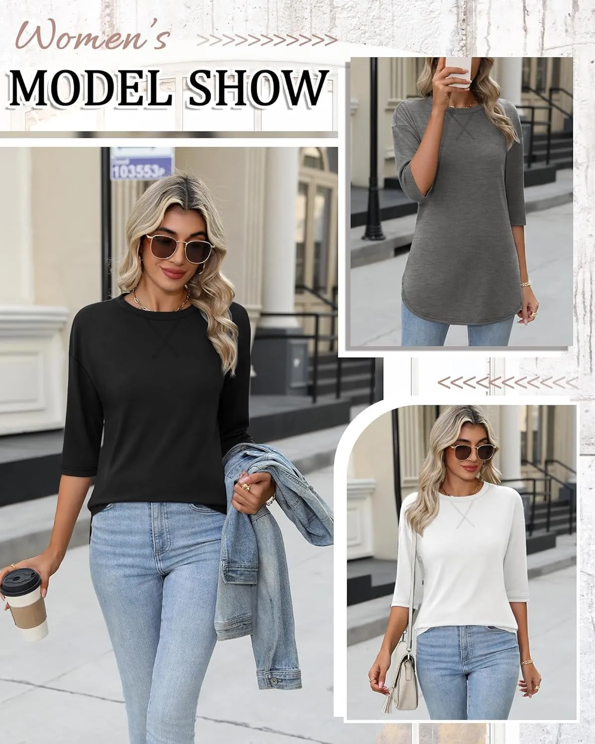 Riyiper 3 Pack Women's 3/4 Sleeve Tunic Tops Cotton Round Neck Loose Elbow Shirts Summer Curved Hem Side Split Blouse