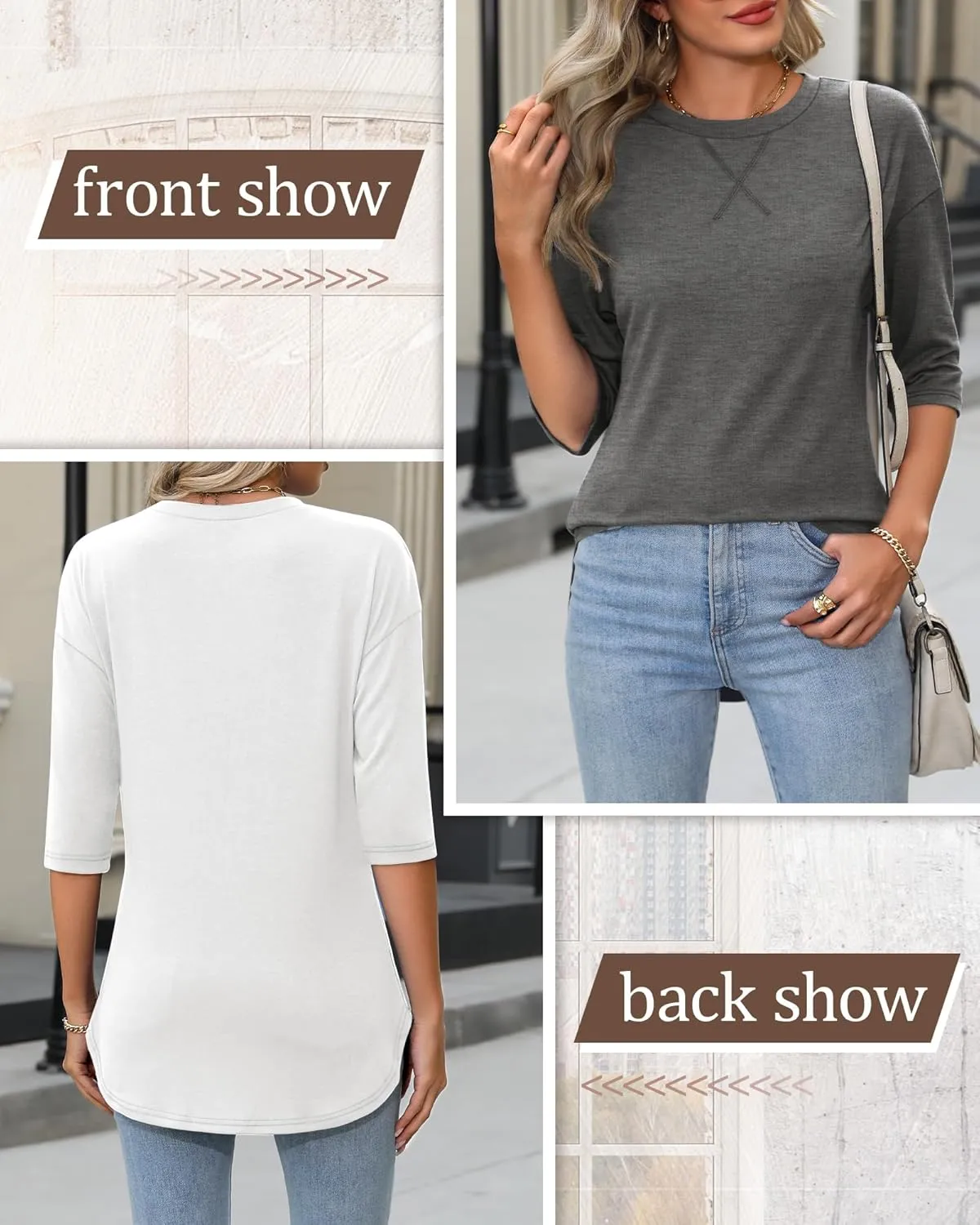 Riyiper 3 Pack Women's 3/4 Sleeve Tunic Tops Cotton Round Neck Loose Elbow Shirts Summer Curved Hem Side Split Blouse