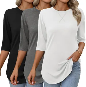 Riyiper 3 Pack Women's 3/4 Sleeve Tunic Tops Cotton Round Neck Loose Elbow Shirts Summer Curved Hem Side Split Blouse