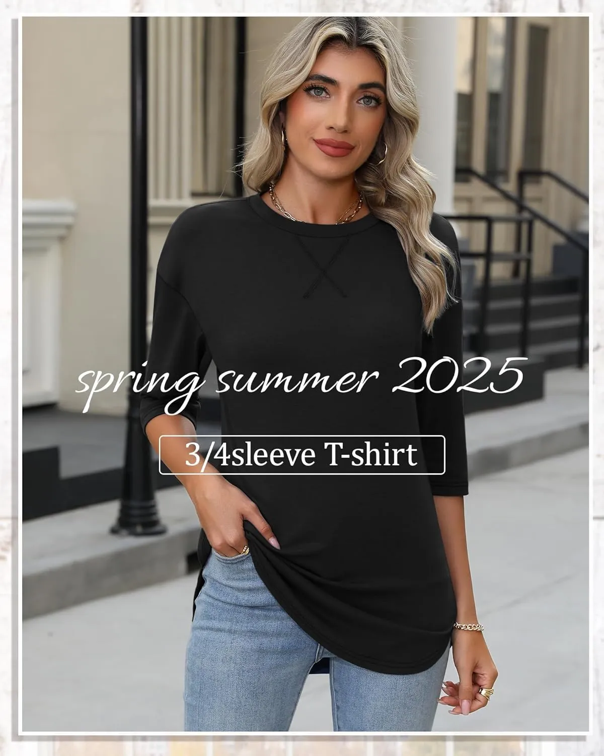Riyiper 3 Pack Women's 3/4 Sleeve Tunic Tops Cotton Round Neck Loose Elbow Shirts Summer Curved Hem Side Split Blouse